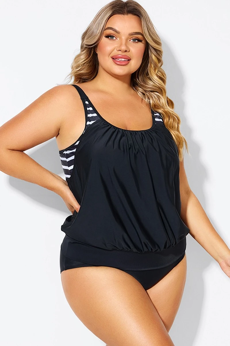 Black & White Striped Drawstring Side Tankini Top 7 Black & White Striped Drawstring Side Tankini Top - Image 5