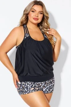 Leopard Print T-Back Blouson Tankini Top -Meetcurve Shop b detan178001 5
