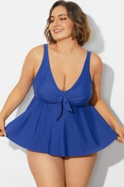 Navy Blue Tie Ruffle Sweetheart Neckline Tankini Top