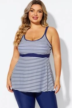 Blue＆White Stripe Adjustable Strap Tankini Top -Meetcurve Shop b detan181001 3