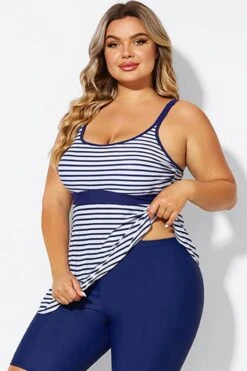 Blue＆White Stripe Adjustable Strap Tankini Top -Meetcurve Shop b detan181001 5