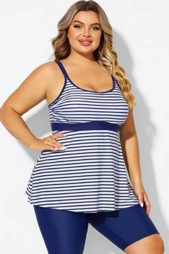 Blue＆White Stripe Adjustable Strap Tankini Top -Meetcurve Shop b detan181001 6