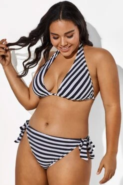 Self Tie Striped Ribbed Triangle Bikini Set -Meetcurve Shop b sfbk1911003 4