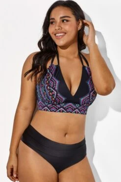 Black And Purple Printed Halter Sexy Bikini Set -Meetcurve Shop b sfbk1911038 3 3