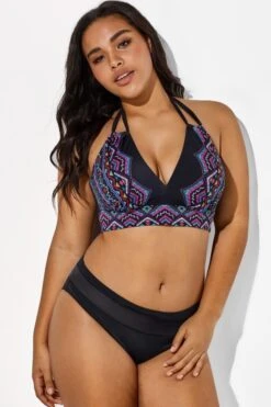 Black And Purple Printed Halter Sexy Bikini Set -Meetcurve Shop b sfbk1911038 4 3