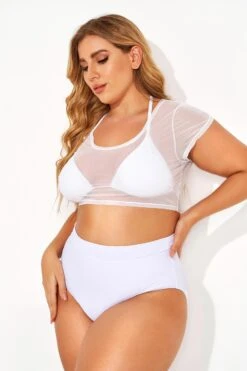 White Self-tie Halter Straps Mesh Crop Bikini Top