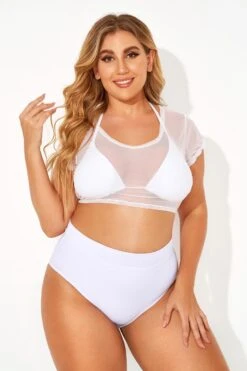 White Self-tie Halter Straps Mesh Crop Bikini Top -Meetcurve Shop b sfbk2003072 2