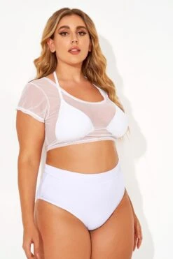 White Self-tie Halter Straps Mesh Crop Bikini Top -Meetcurve Shop b sfbk2003072 3