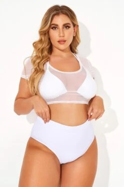 White Self-tie Halter Straps Mesh Crop Bikini Top -Meetcurve Shop b sfbk2003072 5