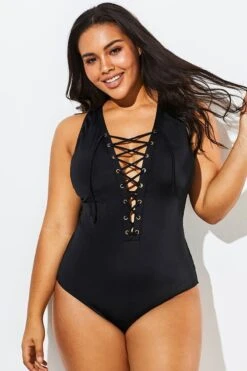 Black Lace Up One Piece Open Back Swimsuit -Meetcurve Shop b sfop1911058 1