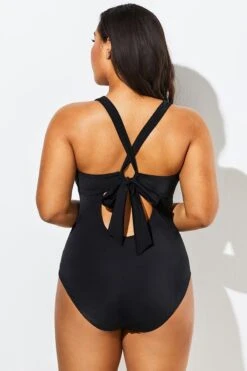 Black Lace Up One Piece Open Back Swimsuit -Meetcurve Shop b sfop1911058 2