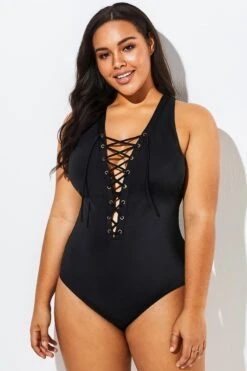Black Lace Up One Piece Open Back Swimsuit -Meetcurve Shop b sfop1911058 3