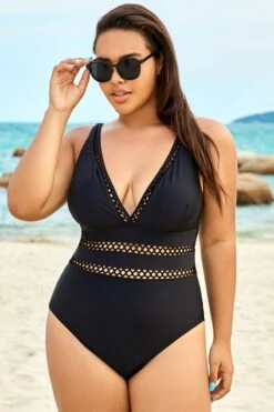 Black Lattice Plunge V-neck One Piece Swimsuit -Meetcurve Shop b sfop1911067 4