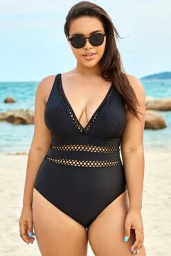 Black Lattice Plunge V-neck One Piece Swimsuit -Meetcurve Shop b sfop1911067 6