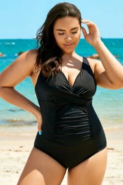 Black Twist Ruched V-neck One Piece Swimsuit -Meetcurve Shop b sfop1911068 3