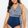 Fashion Faux Wrap Halter One Piece Swimsuit -Meetcurve Shop b sfop1911125 1