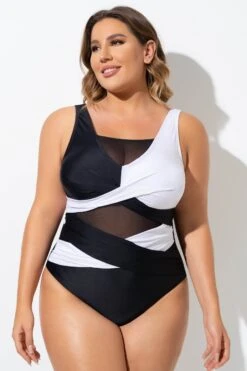 Black & White Sexy Cut Out Mesh One Piece Swimsuit 11 Black & White Sexy Cut Out Mesh One Piece Swimsuit -Meetcurve Shop b sfop2003276 4