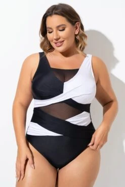 Black & White Sexy Cut Out Mesh One Piece Swimsuit 12 Black & White Sexy Cut Out Mesh One Piece Swimsuit -Meetcurve Shop b sfop2003276 5