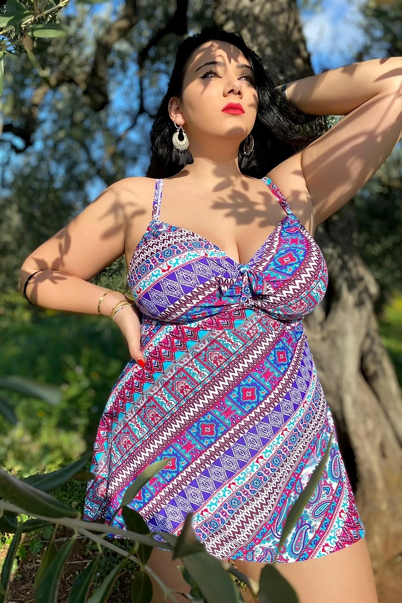 Technicolor Stylish Tie Front Underwire Swimdress 3 Technicolor Stylish Tie Front Underwire Swimdress