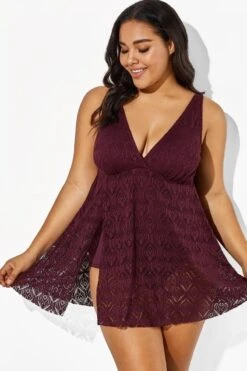 Wine Crochet Side Slit V-Neck Graceful Swimdress -Meetcurve Shop b sfsd1911005 1 1