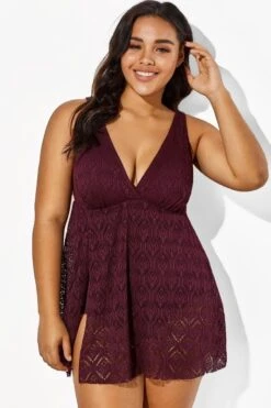 Wine Crochet Side Slit V-Neck Graceful Swimdress -Meetcurve Shop b sfsd1911005 3 1