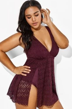 Wine Crochet Side Slit V-Neck Graceful Swimdress -Meetcurve Shop b sfsd1911005 4 1