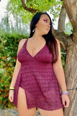 Wine Crochet Side Slit V-Neck Graceful Swimdress -Meetcurve Shop b sfsd1911005 7 1