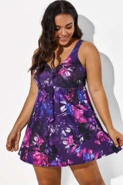 Multicolored Lotus Tie Front V-Neck Swimdress -Meetcurve Shop b sfsd1911006 1