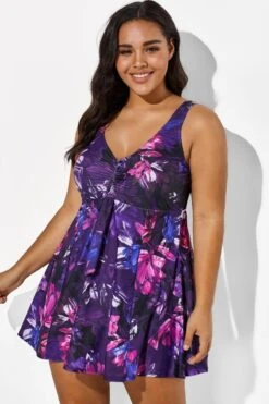 Multicolored Lotus Tie Front V-Neck Swimdress -Meetcurve Shop b sfsd1911006 5