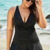 Black Shirred V Neck Elegant Lady Mini Swimdress 1 Black Shirred V Neck Elegant Lady Mini Swimdress -Meetcurve Shop b sfsd1911019 1