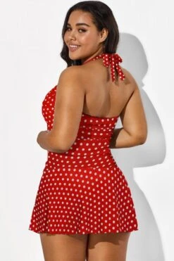 Red Halter Twist-front Polka Dot Swimdress -Meetcurve Shop b sfsd1911031 22