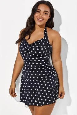 Black Halter Sweetheart Polka Dot Sexy Swimdress 10 Black Halter Sweetheart Polka Dot Sexy Swimdress -Meetcurve Shop b sfsd1911031 3