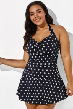 Black Halter Sweetheart Polka Dot Sexy Swimdress 11 Black Halter Sweetheart Polka Dot Sexy Swimdress -Meetcurve Shop b sfsd1911031 4