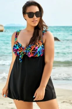 Fashionable Tie Front V-Neck Tummy Control Swimdress -Meetcurve Shop b sfsd1911038 1