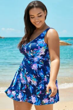 Blue V-neck Elegant Flower Swimdress For Lady -Meetcurve Shop b sfsd1911047 1