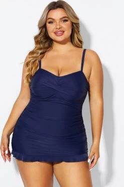 Dark Blue Twist Front Sweetheart Neckline Ruffle Swimdress -Meetcurve Shop b sfsd1911054 3