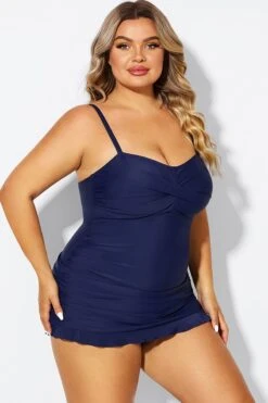 Dark Blue Twist Front Sweetheart Neckline Ruffle Swimdress -Meetcurve Shop b sfsd1911054 5