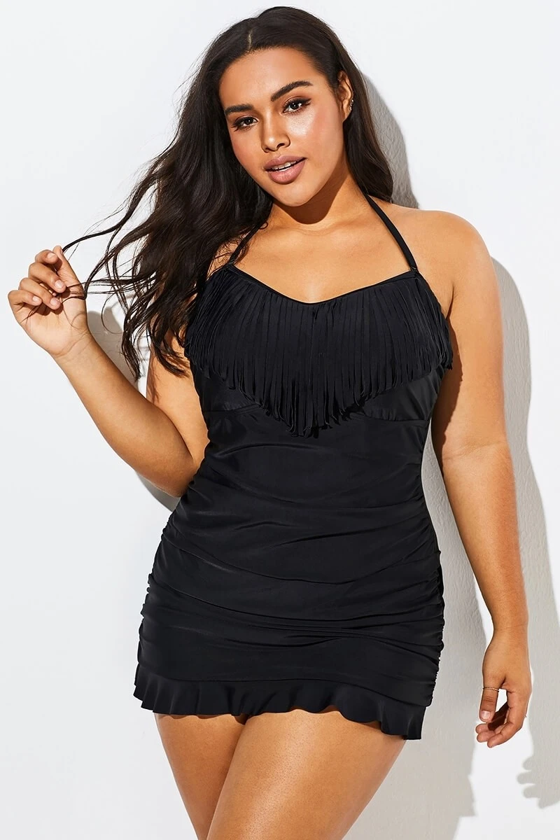 Solid Black Fringe Ruffle Hem Bandeau Swimdress 3 Solid Black Fringe Ruffle Hem Bandeau Swimdress
