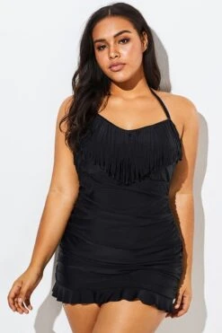 Solid Black Fringe Ruffle Hem Bandeau Swimdress 13 Solid Black Fringe Ruffle Hem Bandeau Swimdress -Meetcurve Shop b sfsd1911060 6