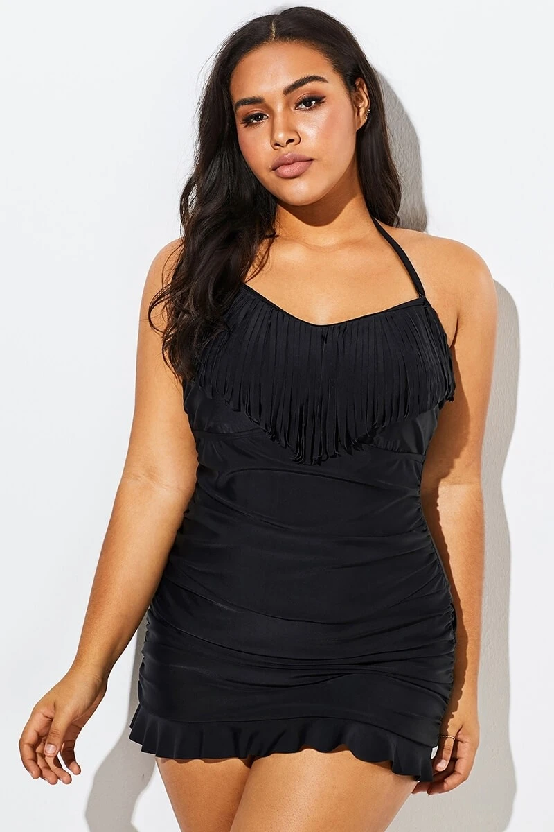 Solid Black Fringe Ruffle Hem Bandeau Swimdress 8 Solid Black Fringe Ruffle Hem Bandeau Swimdress - Image 6