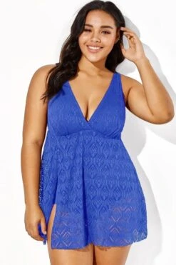 Blue Crochet Side Slit V-Neck Graceful Swimdress -Meetcurve Shop b sfsd1911064