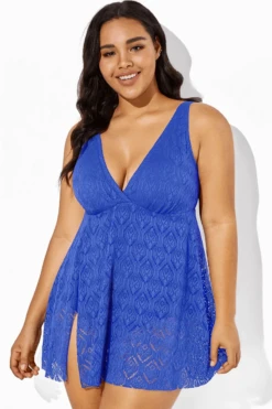Blue Crochet Side Slit V-Neck Graceful Swimdress -Meetcurve Shop b sfsd1911064 3