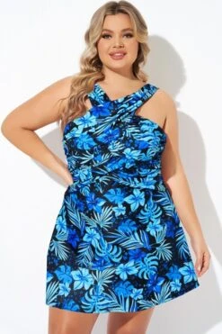 Blue Floral Printed High Neck Wrap Swimdress -Meetcurve Shop b sfsd2003011 11