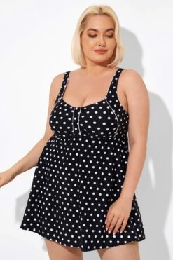 Black Dot Retro Round Neck Wide Strap Swimdress
