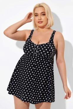 Black Dot Retro Round Neck Wide Strap Swimdress -Meetcurve Shop b sfsd2003039 6