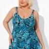 Blue Leaves Printed V-neck Women Swimdress -Meetcurve Shop b sfsd2003046 1