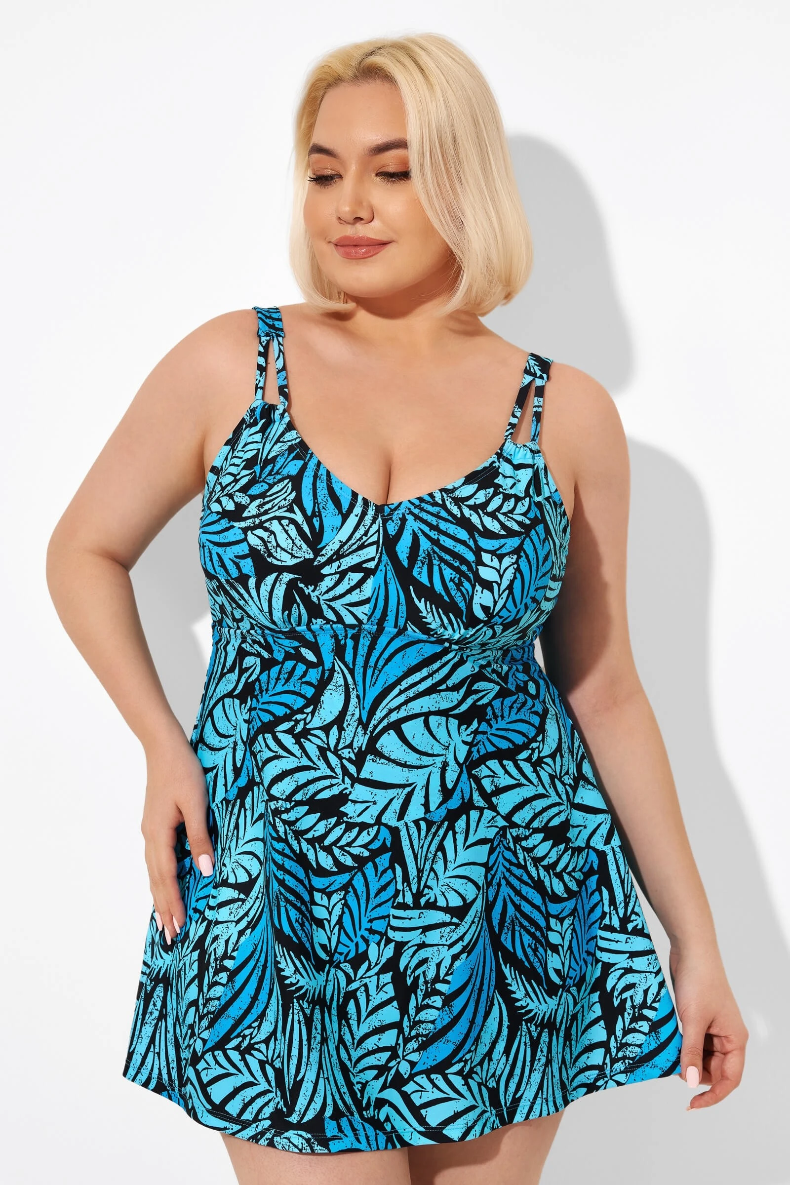 Blue Leaves Printed V-neck Women Swimdress 3 Blue Leaves Printed V-neck Women Swimdress