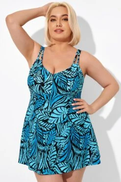 Blue Leaves Printed V-neck Women Swimdress 12 Blue Leaves Printed V-neck Women Swimdress -Meetcurve Shop b sfsd2003046 4