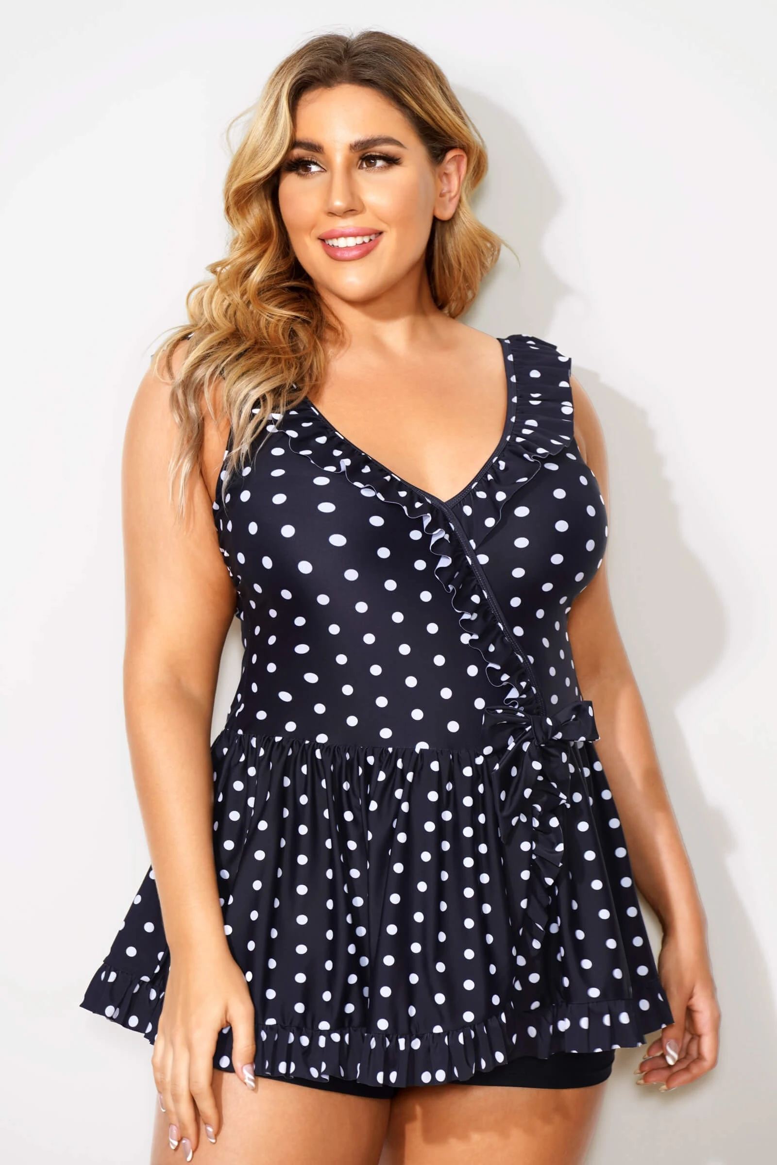 Polka Dots Ruffle V-neck Classic Women Swimdress 3 Polka Dots Ruffle V-neck Classic Women Swimdress
