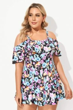 Floral Printed Off-the-Shoulder Flounce Swimdress -Meetcurve Shop b sfsd2003054 4
